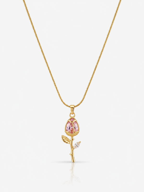 Pink Tulip Crystal Floral Pendant 18K Gold Plated  Nacklace