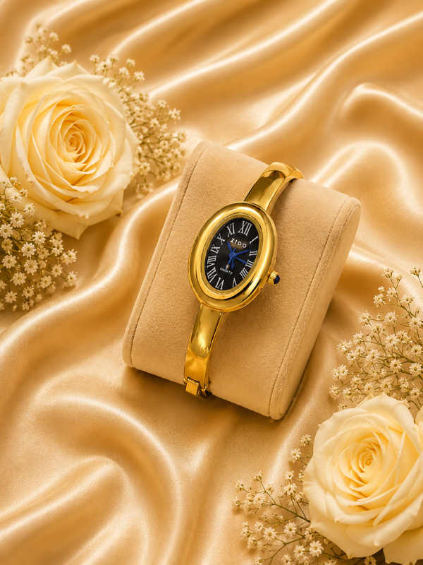 Elvéra  Oval Gold Plated Black Dial Watch