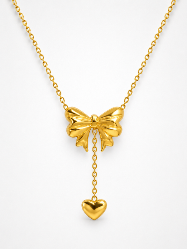Bow Heart Drop 18K Gold Plated Necklace