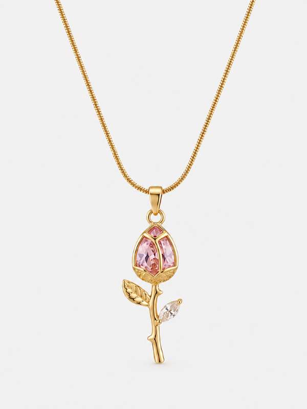Pink Tulip Crystal Floral Pendant 18K Gold Plated  Nacklace