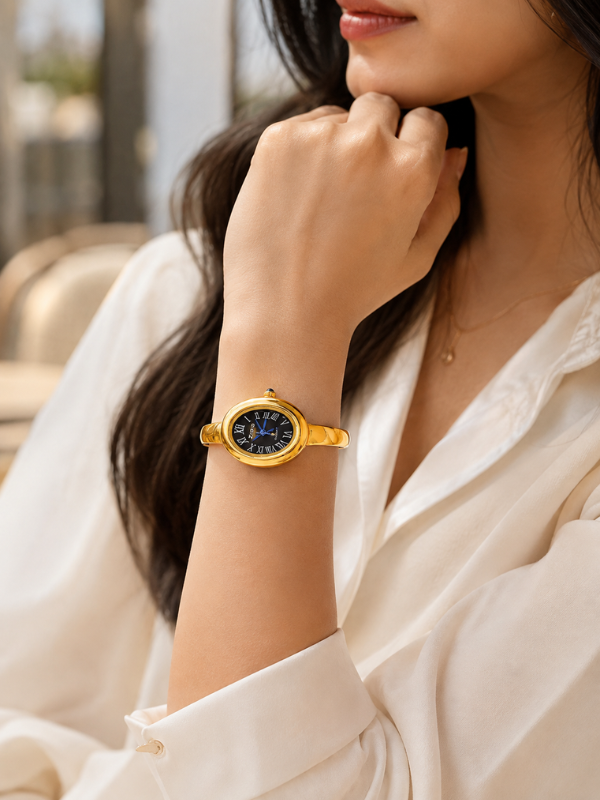 Elvéra  Oval Gold Plated Black Dial Watch