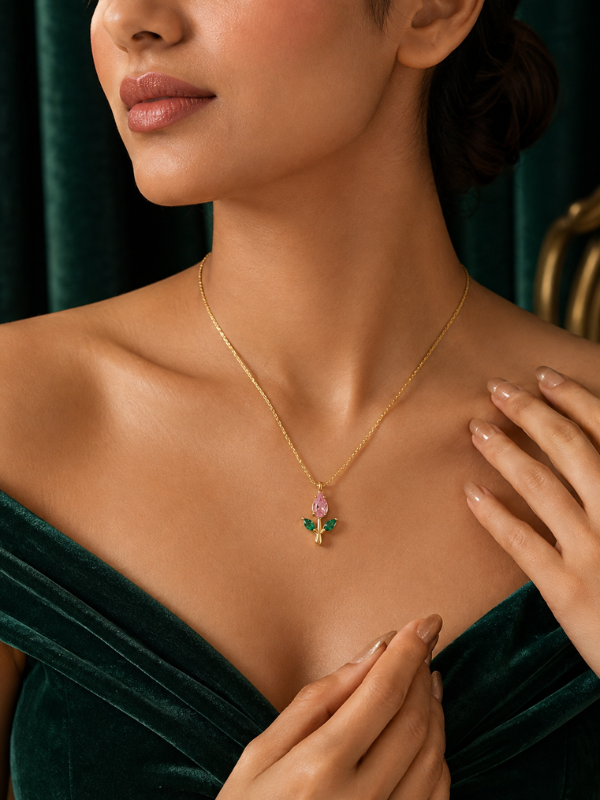 Pink Tulip pendant 18K Gold Plated  Nacklace