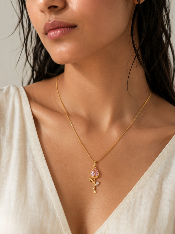 Pink Tulip Crystal Floral Pendant 18K Gold Plated  Nacklace