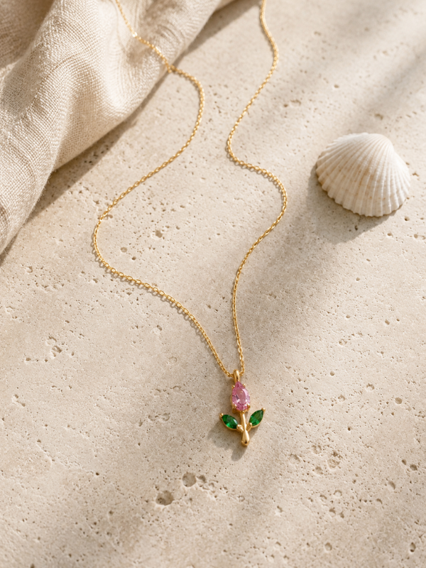 Pink Tulip pendant 18K Gold Plated  Nacklace