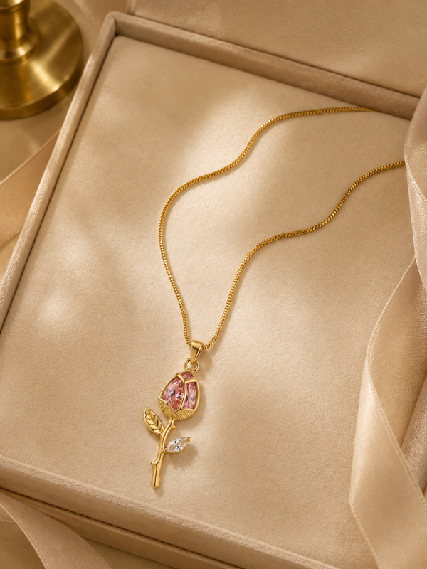 Pink Tulip Crystal Floral Pendant 18K Gold Plated  Nacklace