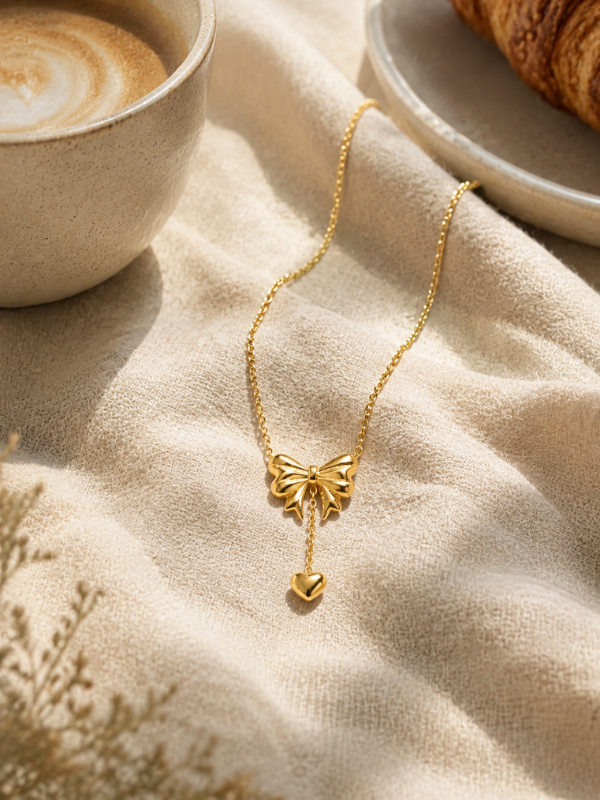 Bow Heart Drop 18K Gold Plated Necklace