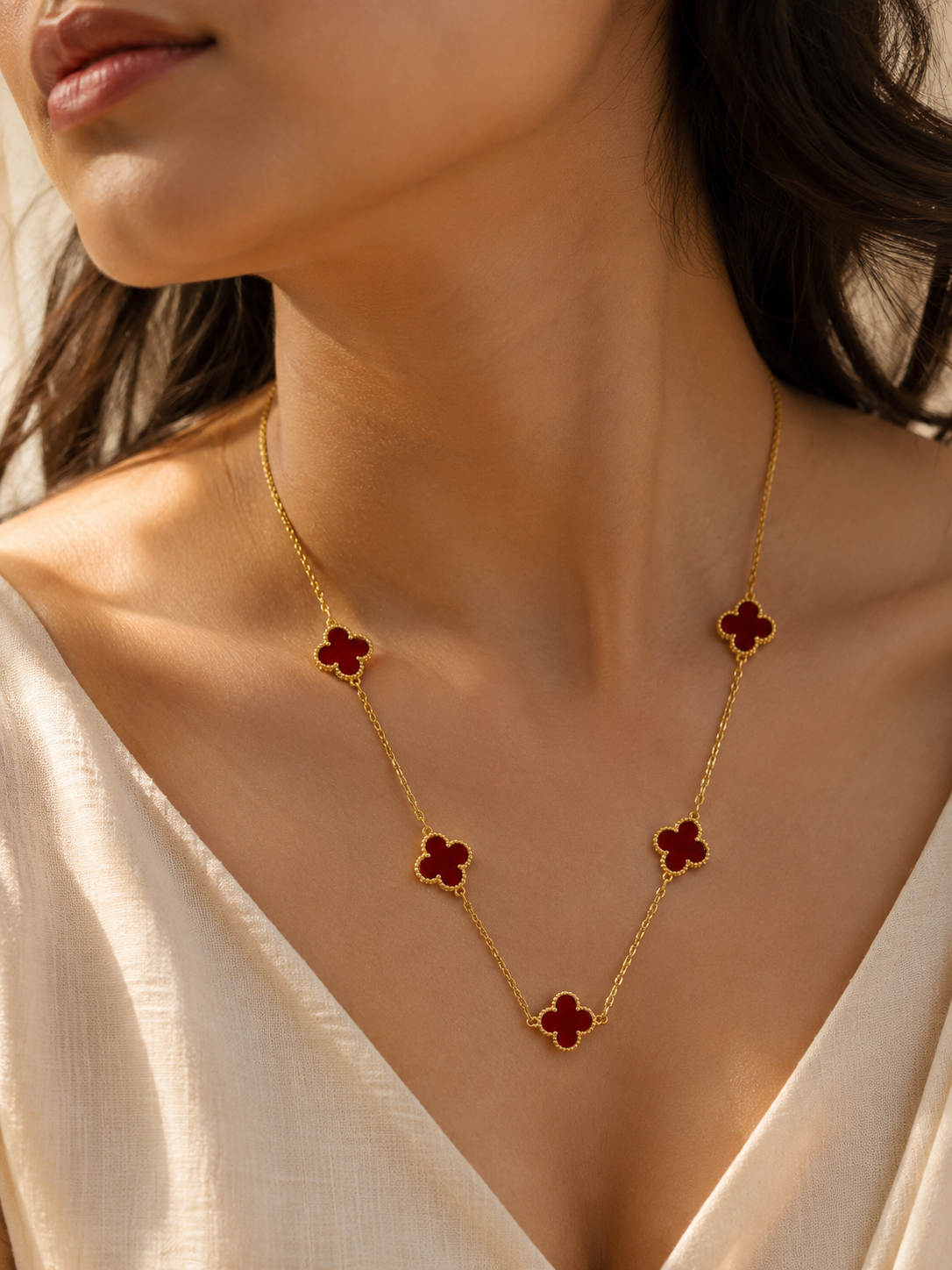 Red Lucky Clover 18K Gold Plated Necklace