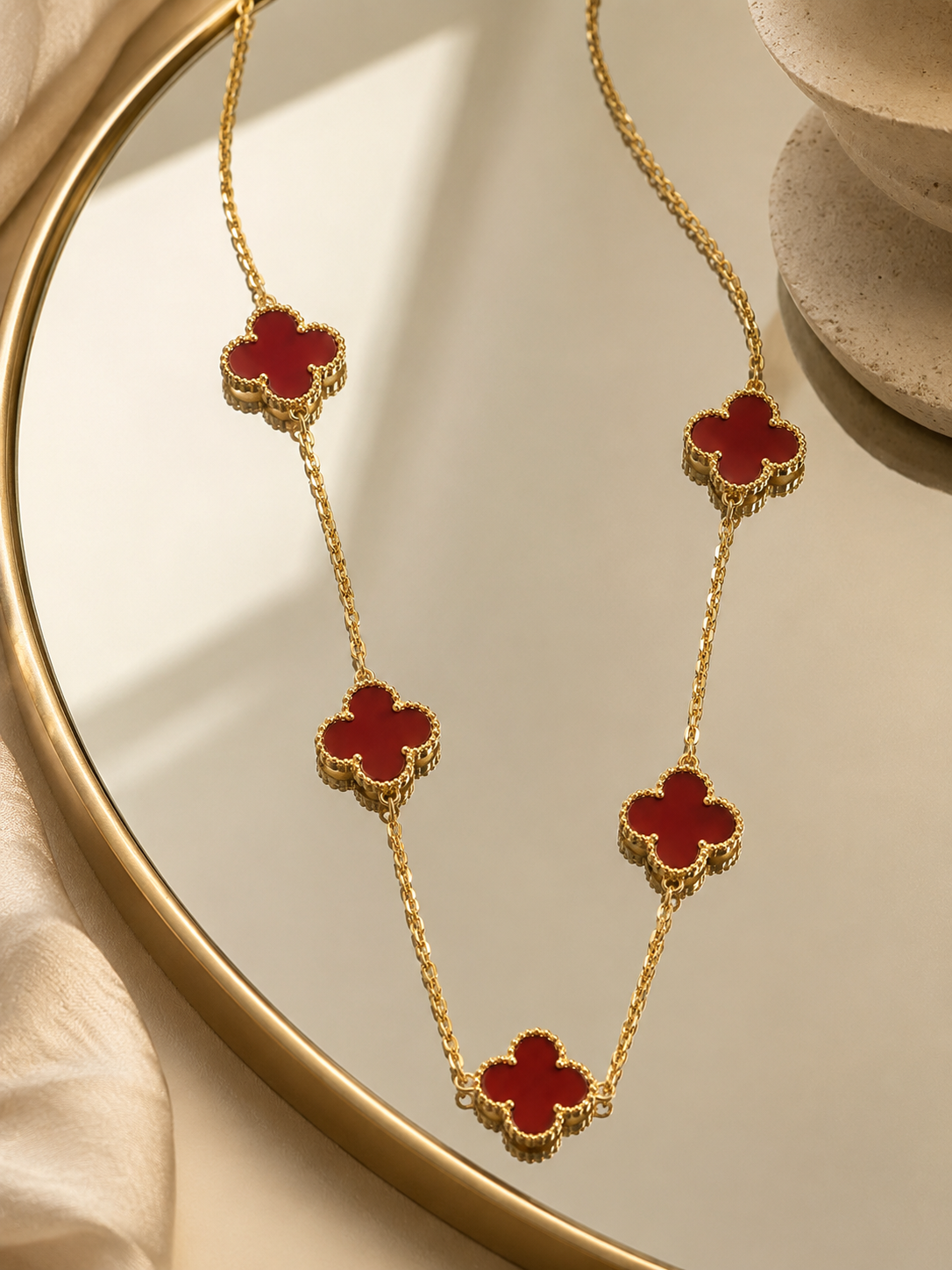 Red Lucky Clover 18K Gold Plated Necklace